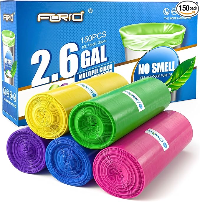 Forid Small Trash Bags for Bathroom - 2.6 Gallon Garbage Bags Unscented,Extra Thick Strong Wastebasket Can Liners for Home Office Bedroom,150 Bags Multi Colored