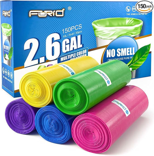 Forid Small Trash Bags for Bathroom - 2.6 Gallon Garbage Bags Unscented,Extra Thick Strong Wastebasket Can Liners for Home Office Bedroom,150 Bags Multi Colored