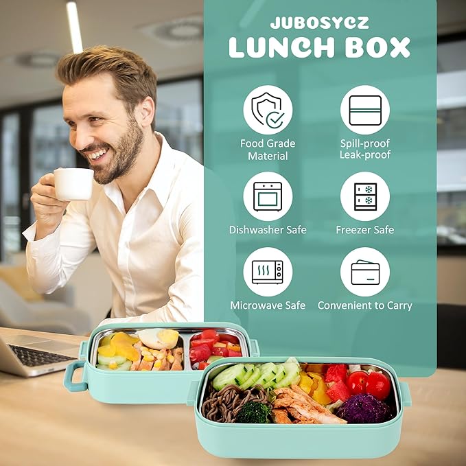 Bento Lunch Box for Kids Women Men, 47oz 2-Compartment Salad Metal Food Prep Pack Container for Lunch, Stainless Steel 3 Layers Stackable Lunch Containers with Lids for Adults and Teens Light Green