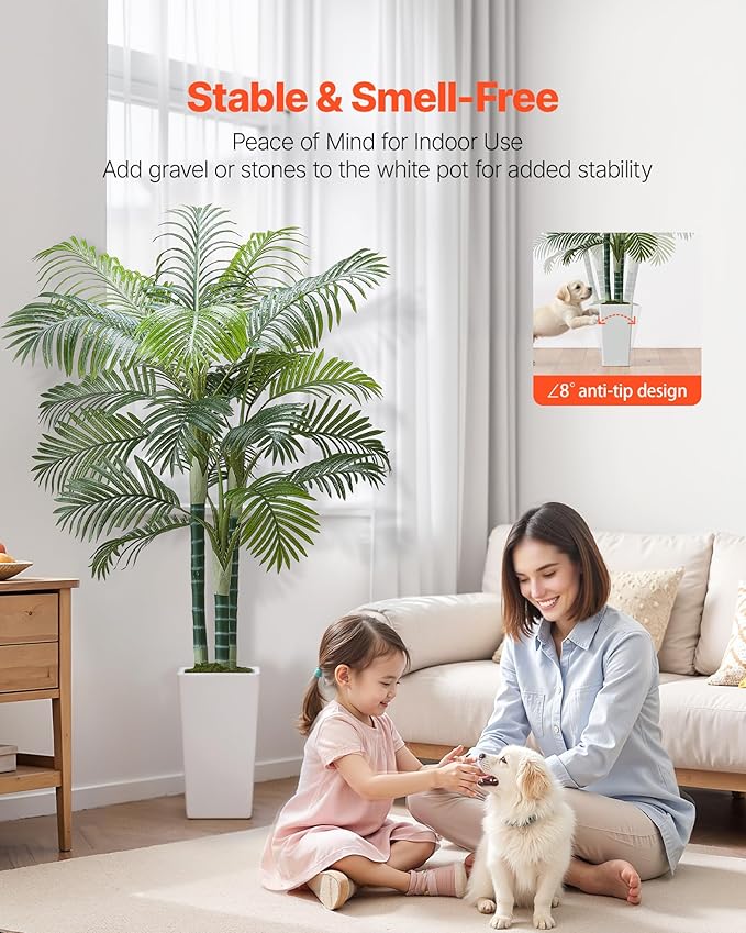 VEVOR Artificial Areca Palm Tree 6 ft, Fake Palm Tropical Plants with White Tall Planter, Faux Floor Silk Plant in Pot, Large Trees for Home Office Living Room Decor House Warming, Indoor Outdoor