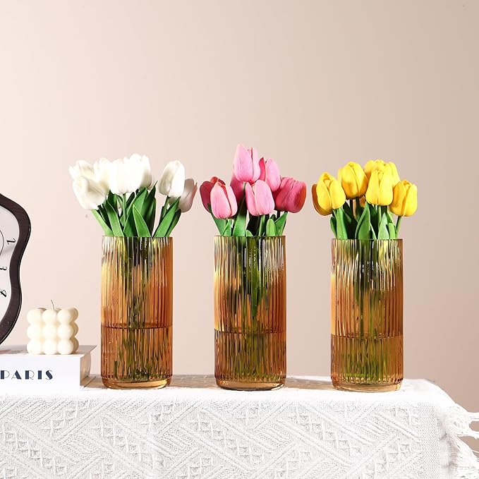 Amber Glass Vases, Flower Vases Set of 3, Ribbed Glass Vase for Tulips, Tall Cylinder Glass Vases for Living Room, Bedroom, Dining Table, Office, Wedding, Bookshelf Decoration, 8 Inches