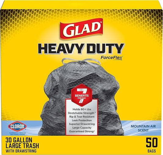 Glad ForceFlex Heavy Duty Trash Bags With Clorox, Mountain Air, 30 Gal, 50 Ct (Package May Vary)