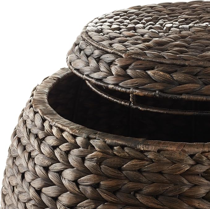 Casafield Round Storage Basket with Lid - Espresso, Handwoven Water Hyacinth Organizer for Laundry, Blankets, Plants, Bedroom, Living Room, Home Office
