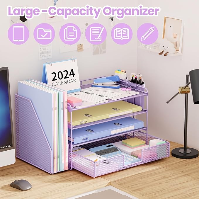 OPNICE Desk Organizer and Accessories, 4-Tier Desktop File Organizer with Drawer and 2 Pen Holders, Office Desk Accessories, File Sorters, Workspace Organizers for Office Supplies(Purple)
