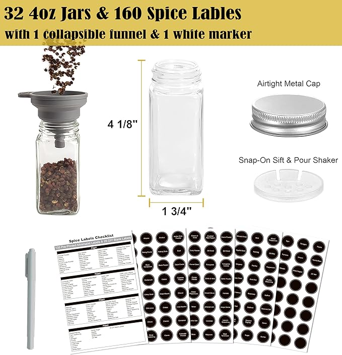 4 Tier Spice Rack Organizer with 32 Square Spice Jars and 160 Spice Labels Set for Kitchen Cabinet Countertop Pantry or Wall Mount, Matte Black