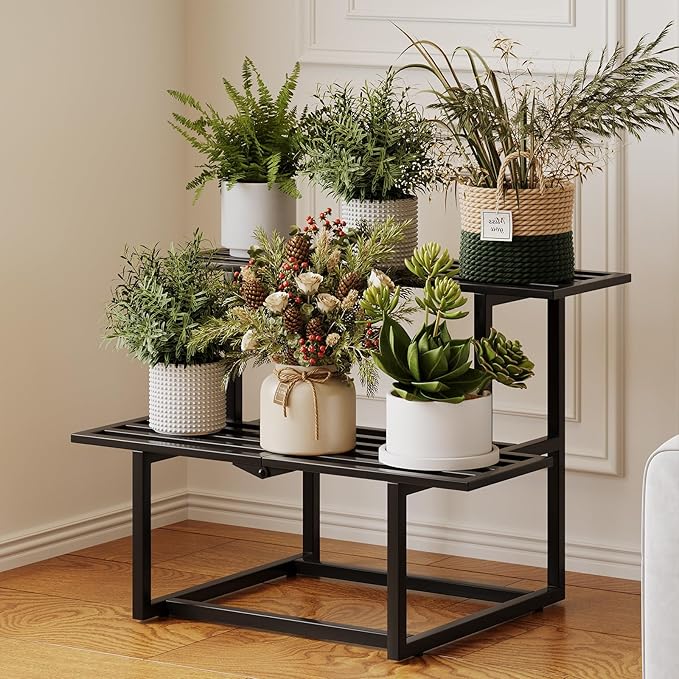 Metal Plant Stand Indoor, Outdoor Iron Plant Shelf, Heavy Duty Slatted Display Shelf for Patio Balcony Garden Living Room Load Bearing 330 LB 26" L x 20.2" H x 17.7" W 2 Tier Black