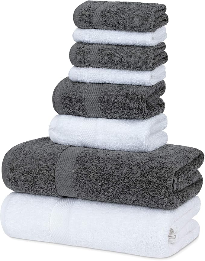 Luxury Bath Towel Set of 8 Pieces - 100% Turkish Cotton Highly Absorbent Towels for Bathroom, 2 Luxury Bath Towels 700GSM, 2 Hand Towels, 4 Washcloths, Gray White
