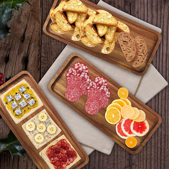 Wooden Serving Platter, 9.8 x 5.1 Inch, Set of 5, Acacia Wood Tray, Perfect for Serving Charcuterie, Desserts, Dips, Sushi, Parties, Family Gatherings, Weddings, and Home Decor, by GNIEMCKIN.
