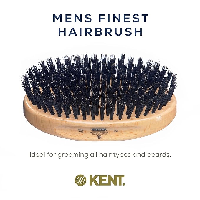 Kent MG2 Boar Bristle Hair Brush for Men, Military Brush with Natural Boar Bristles for Mens Grooming for All Hair Types, 360 Wave Brush Travel side for beard and mustache