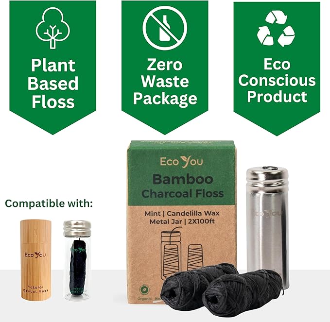 Charcoal Bamboo Floss | 2 Non Toxic Natural Floss Refill with Metal Container | Organic Mint & Candelilla Wax | Vegan & Biodegradable | Compatible w/Similar Dental Floss Silk Refill Containers