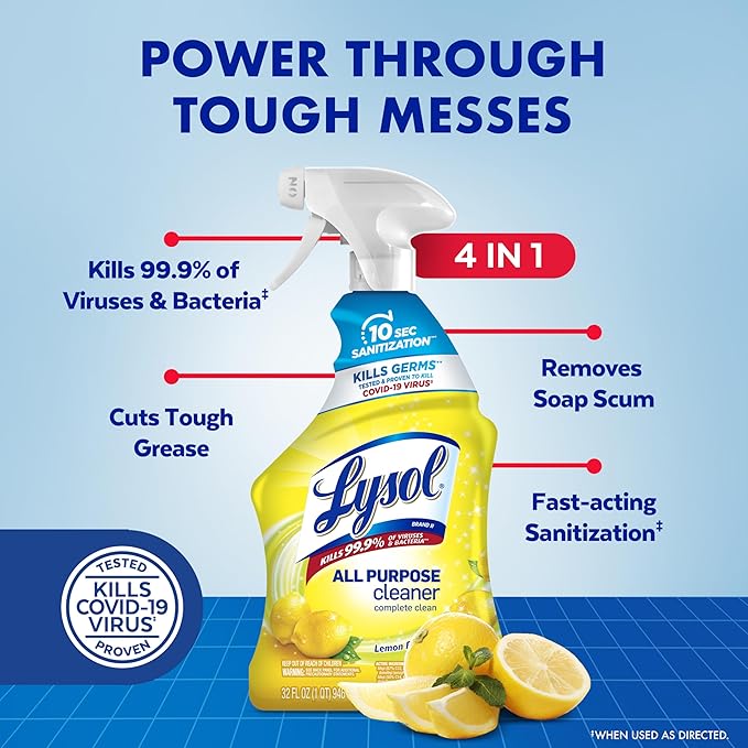 Lysol All Purpose Cleaner Spray, Multi-Purpose Disinfecting Spray, Kitchen & Bathroom Cleaner, Lemon Breeze, Lavender, Mango 32oz (Pack of 4)
