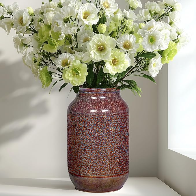 Brown Ceramic Vase for Home Decor - 9 inch Farmhouse Pottery Vase for Pampas Grass, Decorative Vases for Flowers, Farmhouse Decor, Kitchen, Mantle, Fall Decoration