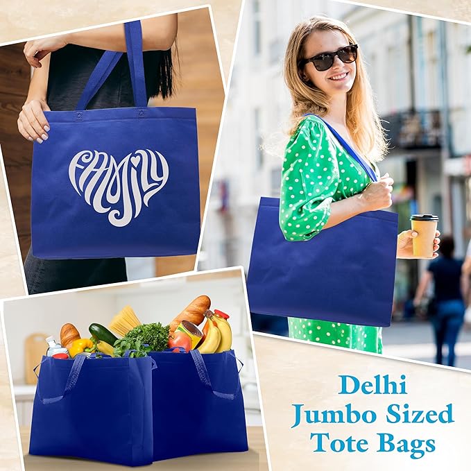 DISCOUNT PROMOS Jumbo Sized Tote Bags Set of 10, Bulk Pack - Reusable Grocery Bags, Shopping Bags, Promotional Item Totes for Women - Blue