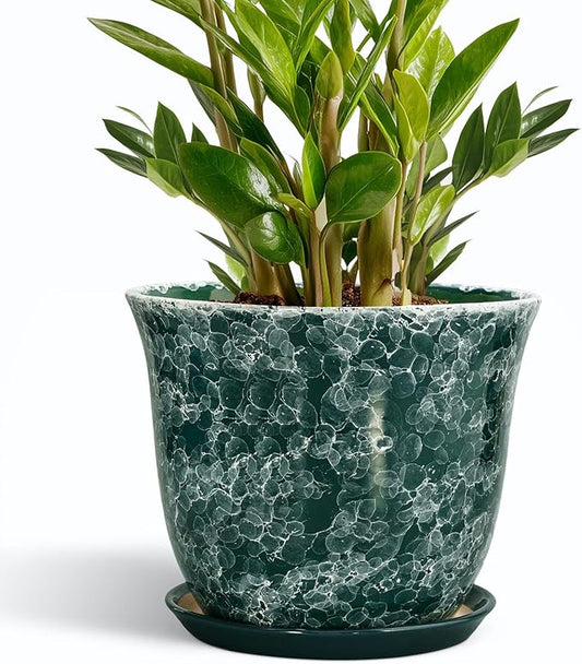 Ceramic Plant Pots - 10 Inch Plant Pot for Indoor Outdoor, Round Planter with Drainage Hole and Tray, Decorative Flower Pots, Modern Planters, Home Patio Garden Decor, Garden Gifts, Green