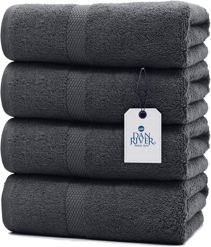 DAN RIVER Bath Towels Set of 4, 27 x 54 Inches, 100% Cotton, Larger & Lighter Weight, Quicker to Dry, Super Soft and Absorbent, Ideal Cotton Bath Towels for Daily Use, Dark Gray
