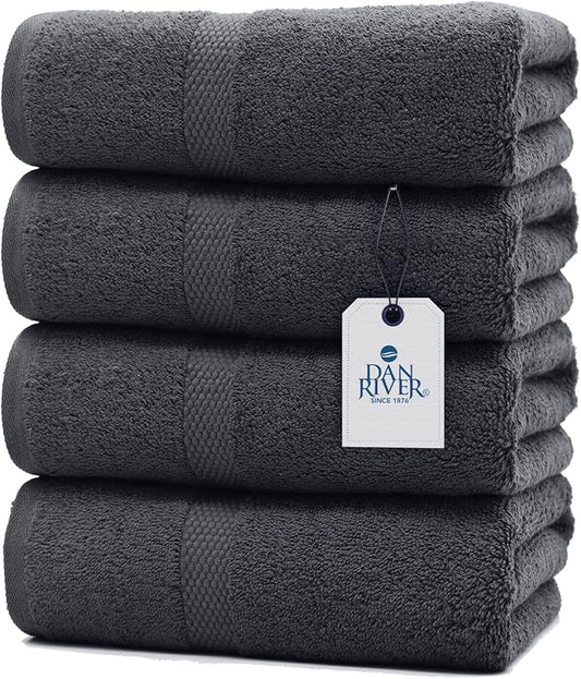 DAN RIVER Bath Towels Set of 4, 27 x 54 Inches, 100% Cotton, Larger & Lighter Weight, Quicker to Dry, Super Soft and Absorbent, Ideal Cotton Bath Towels for Daily Use, Dark Gray