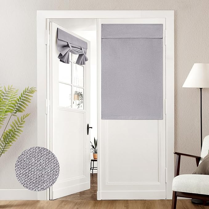 HOMEIDEAS 100% Light Gray Linen Blackout French Door Curtains, Privacy Door Window Curtains, 30 X 40 Inch Room Darkening Blinds, Thermal Insulated Shades for Bedroom, 1 Panel
