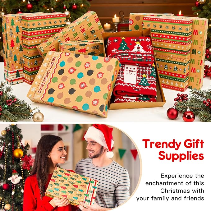 joyhalo 24 Pack 14.5" Christmas Gift Boxes with Lids for Presents, 4 Designs Gift Boxes Bulk, Kraft Gift Wrapping Boxes for Clothes,Shirts,Robes,Sweaters and Socks