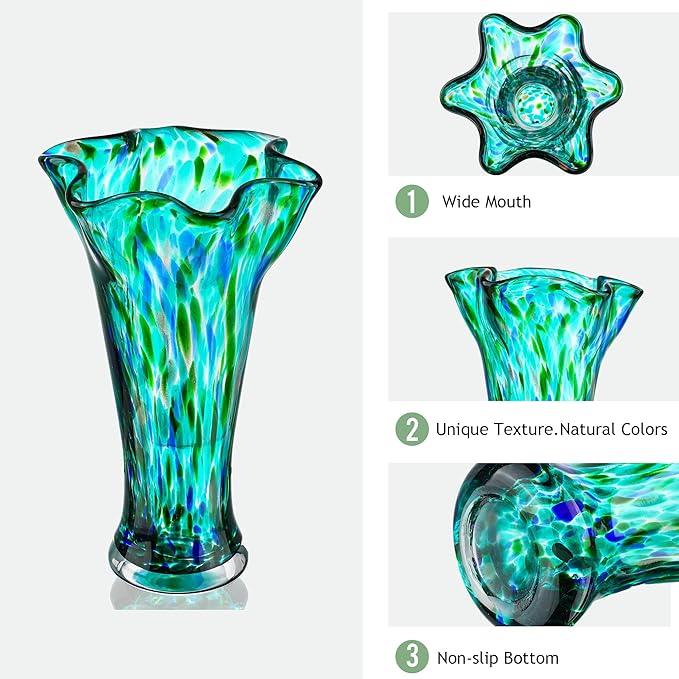 Green Blown Glass Vase for Flowers, 9.6" Teal Vase for Home Decor, Modern Art Flower Vases Decorative Table Centerpiece, Wedding, Living Room, Bookshelf, Entryway, Gift for Women Mom