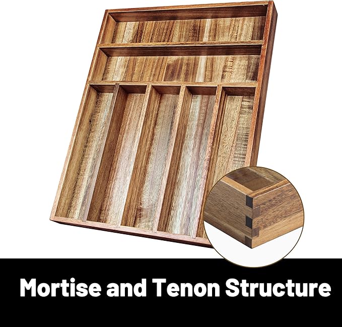 Acacia Wood Silverware Organizer, Kitchen Utensil Drawer Organizer for Forks & Spoons, 7-Compartment Cutlery Tray, Flatware Holder