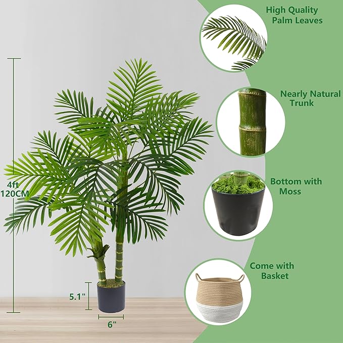 Artificial Palm Tree, 4ft Golden Cane Fake Palm Plant with Basket, Phoenix Palm UV Resistant Faux Plants for Indoor Outdoor Home Garden Patio Office Décor