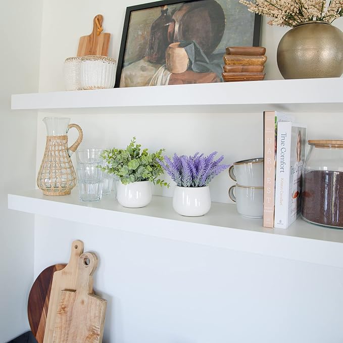 2 Pack in Ceramic Pot Mini Potted Fake Plants Artificial Eucalyptus Lavender for Home Office Desk Shelf Shower Kitchen Centerpiece Farmhouse Room Decor