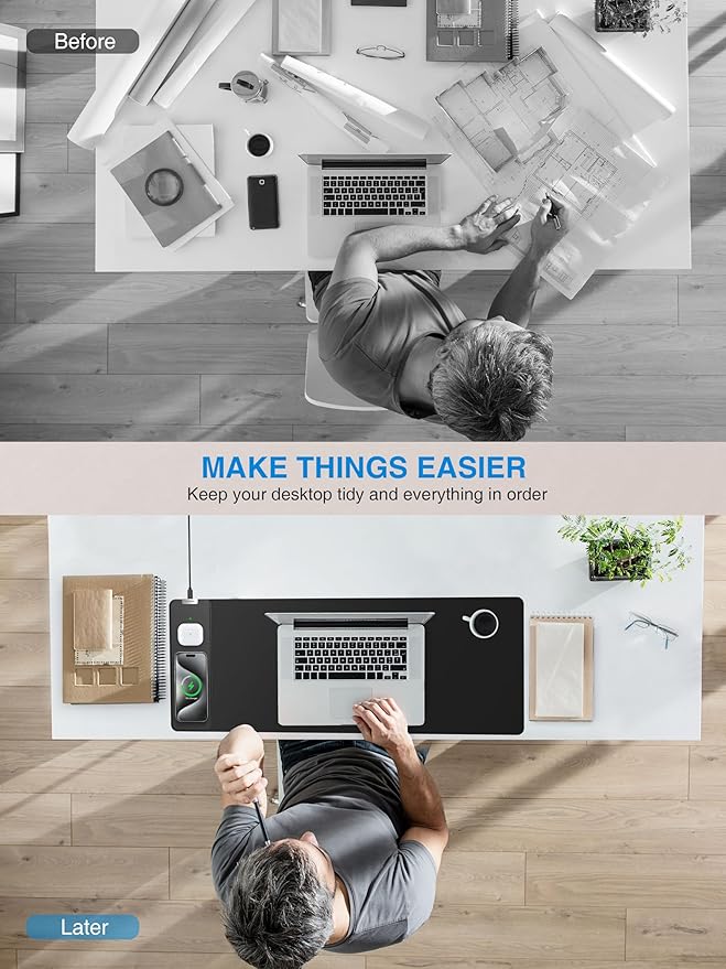 TopMade Mouse Pad with 15W Fast Wireless Charging, 31.5"x11.81" XL Large Gaming Mousepad, Waterproof Desk Pad, Classic Black Computer Desk Mat(Includes 20W PD Power Adapter & 6.56ft Woven Cable)