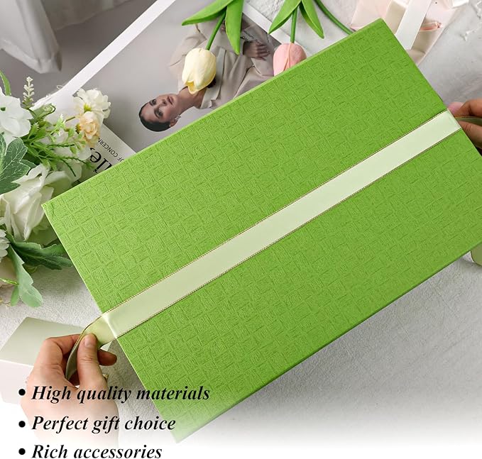 VGOODALL Green Gift Box with Lid 14x8.7x4.3inches Magnetic Gift Box with Ribbon Greeting Card for Wrapping Bridesmaid Proposal Party Favors
