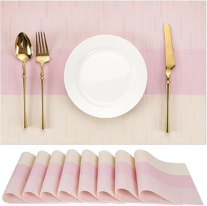 Placemats Set of 8, Vinyl Woven Place Mats Indoor Set of 8 Washable Wipeable PVC Table Mats Heat-Resistant Non Slip Plastic Placemat for Kitchen Dining Outdoor Table (Beige Pink, Set of 8)