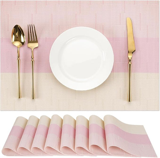 Placemats Set of 8, Vinyl Woven Place Mats Indoor Set of 8 Washable Wipeable PVC Table Mats Heat-Resistant Non Slip Plastic Placemat for Kitchen Dining Outdoor Table (Beige Pink, Set of 8)