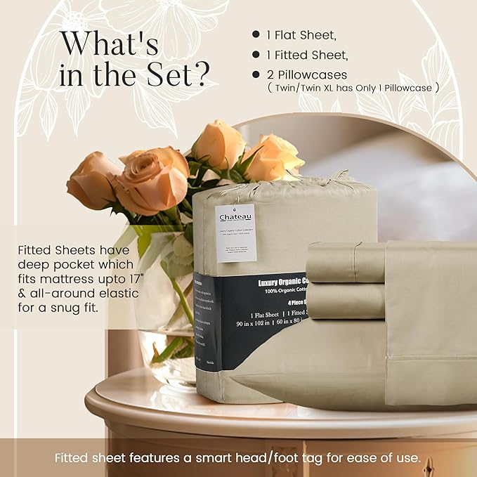 300TC 100% Organic Cotton Twin XL Size Sheets Set, XL Twin Bed Sheets Luxury Hotel Collection Fully Elasticated Sheet & Pillowcase Sets, Machine Washable No Pill Fade Resistant-Tan