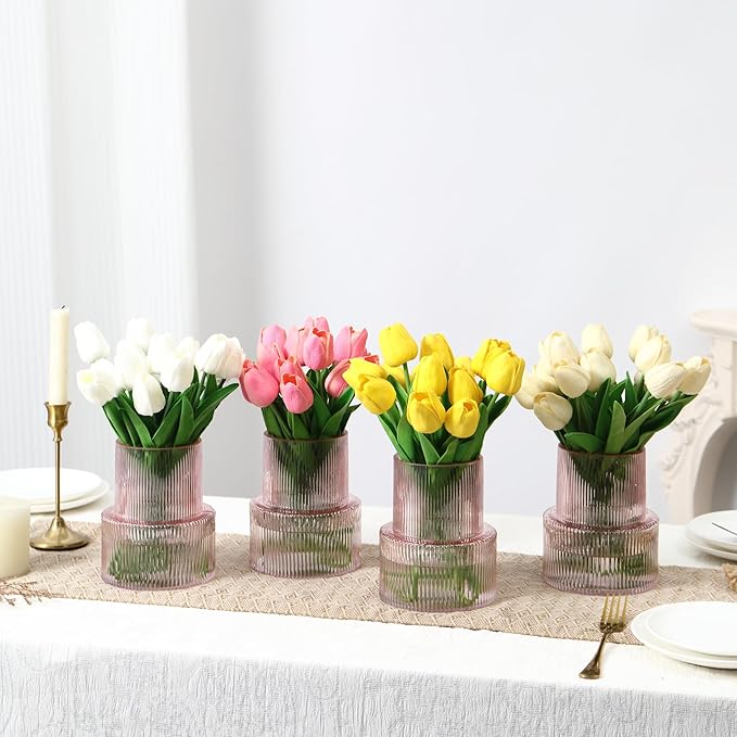 Ribbed Glass Vases, Set of 4 Small Vases for Flowers, Pink Glass Vase for Tulips, Modern Vase for Living Room, Kitchen, Office, Entryway, Bookshelf, Wedding Gifts, Birthday, 6 Inches