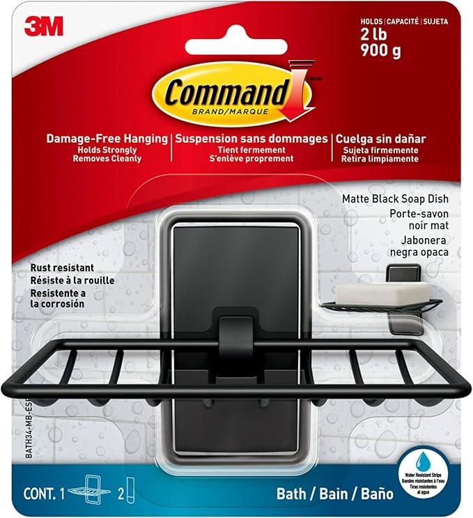 Command Soap Dish for Shower, Damage-Free Hanging, No Tools Soap Holder for Holiday Guests, 1 Matte Black Dish and 2 Water-Resistant Command Strips
