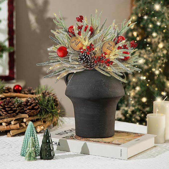 Terracotta Vases, 7 Inch Ceramic Rustic Vase, Vases with Handle for Flower, Vintage Pottery Vases Home Decor, Christmas Decorative Farmhouse Vase for Shelf Decor, Farmhouse, Table, Lyeec