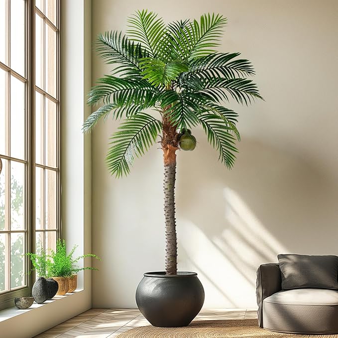 7.2FT Artificial Phoenix Palm Tree with Coconut Fruit Outdoor Indoor Decor Large Faux Coconut Silk Palm Tree Tropical Fake Tree Large Faux Sago Palm Plant for Home Yard Outside Patio Poolside