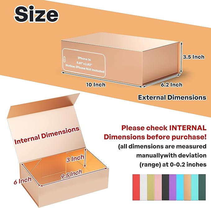 5 Pack Rose Gold Gift Box, 9.5x6x3'' Gift boxes for Presents with Lids Magnetic Closure Rectangle Collapsible for Bridesmaid proposal box, Wedding, Christmas, Halloween, Birthday Gift Packging