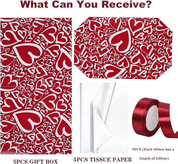 Jaywayang 5 Pack Red Valentine Gift Boxes with Lids, Ribbons and Tissue Papers Square Gift Boxes - 7.1 Inch - Christmas Presents Wrapping Valentine's Day Decoration Birthday Anniversary Party Favor Boxes.