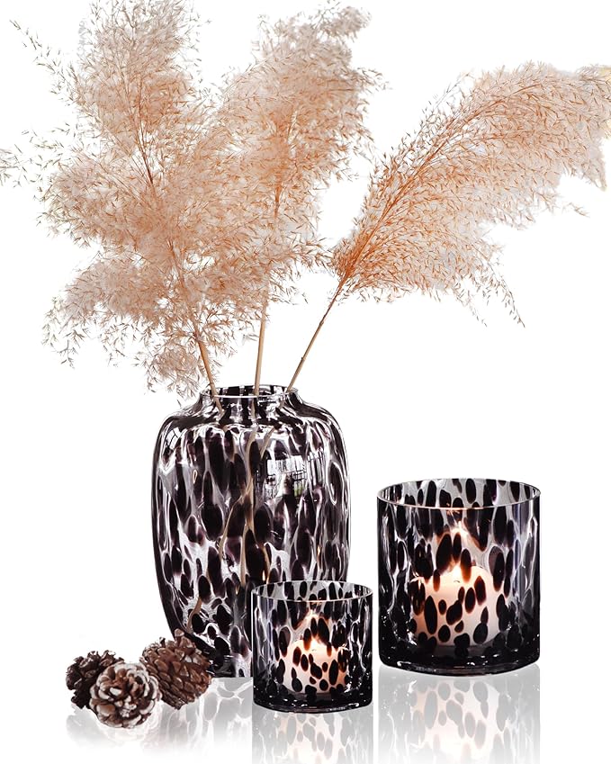 CONVIVA Glass Vase and Candle Holder Set, 3-Piece,Modern Fall Decor Table Centerpiece Thanksgiving Christmas Day Gift Idea,Flower Vase Black Tortoise Pattern