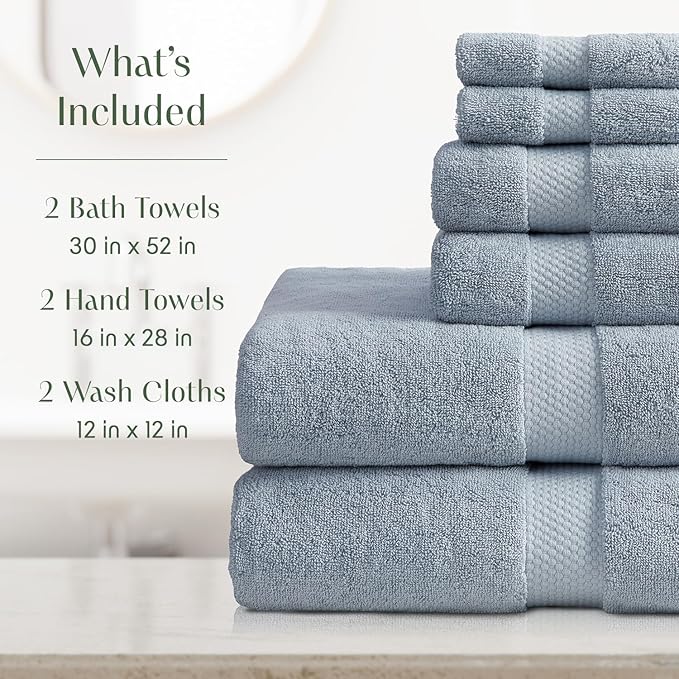Springtree Home Blue Bath Towels Set of 6 | Classic Hotel Bath Towels | 100% Combed Cotton | Absorbent Quick-Dry Towels for Bathroom | Oeko-TEX® Standard 100 Cotton | Cynewski Collection - Blue Fog