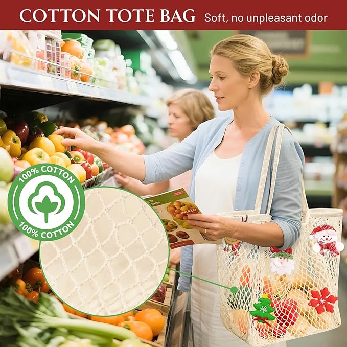 Ofiray-home Cotton Christmas Tote Bag for Woman, Reusable Mesh Grocery Bags with Handles, Greeting Card, Ideal Xmas Gift
