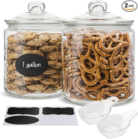 KooK Glass Kitchen Jars, Food & Cookie Storage Containers for Pantry, Bathroom Apothecary Canisters, Airtight Lids, Dishwasher Safe, with Chalk and Labels, 1 Gallon, Set of 2