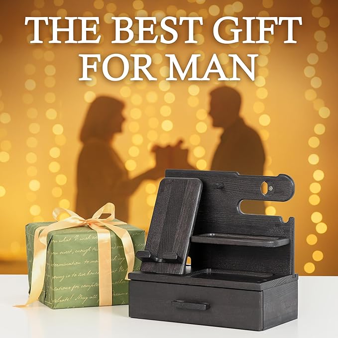 TESLYAR Wood Phone Docking Station with Drawer - Nightstand Organizer - Desk Organizer for Husband - Birthday Gifts for Men, Dad, Anniversary Idea, Key Holder Stand Watch & Accessories (Granite Black)