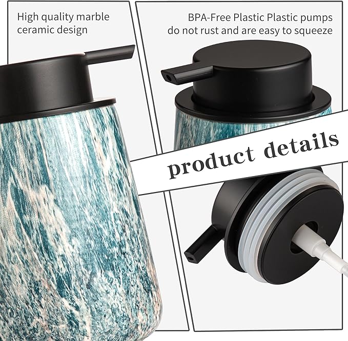 Enra Ceramic Foam Soap Dispenser, 12 oz Blue Foaming Soap Dispenser for Bathroom & Kitchen with Easy-to-Press Silver Pump