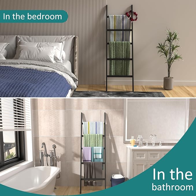 Blanket Ladder, Bamboo 5-Layer Towel Racks, Blanket Quilt Towel Holder Rack Decorative Ladder, Easy Assembly, Rustic Farmhouse Ladder Shelf for Living Room, Bedroom, Bathroom, Home Decor, Black