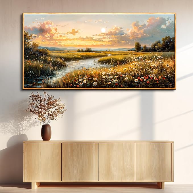 FUHAIHUA Large Wood Framed Wall Decor For Living Room Canvas Wall Art For Office Modern Wall Decorations For Bedroom Sunset Landscape Painting Farmhouse Pictures Artwork Room Home Decor 24x48 In