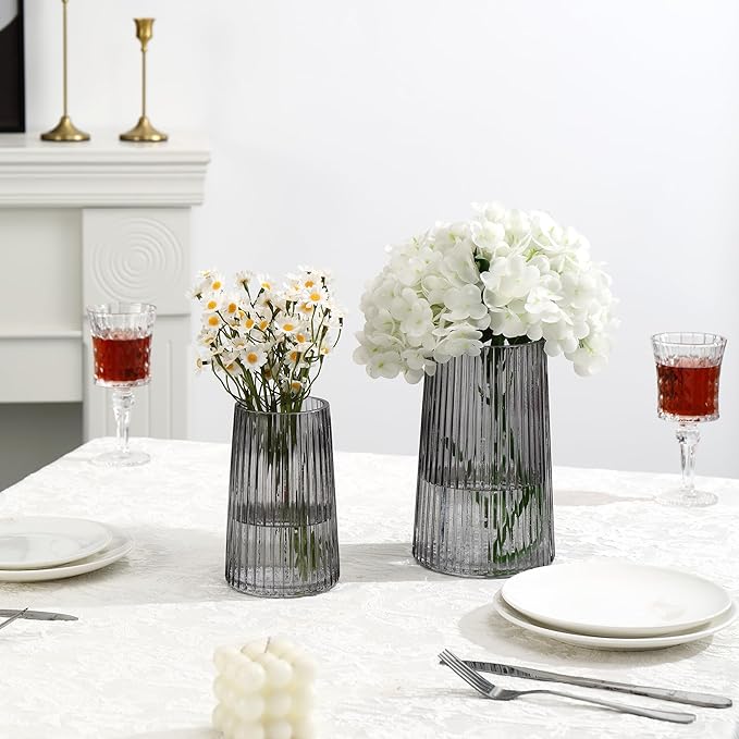 Ribbed Flower Vases Set of 2, Black Vases for Flowers, Flower Vase for Bouquet, Modern Ribbed Glass Vase for Living Room, Bedroom, Dining Table, Office, Wedding, Centerpieces