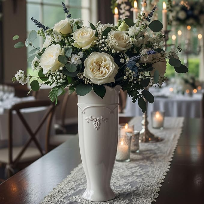 hjn White Ceramic Vase- French Flower Vase for Decor Tall Vintage Vases for Flowers/Home Decoration/Kitchen/Table/Living Room/Shelf/Mantel/Office-Height-11.6"