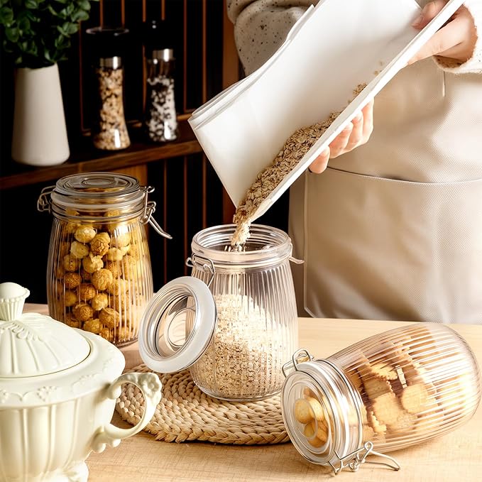 32 oz Wide Mouth Glass Mason Jars with Airtight Lid 6 Pack, Glass Canister, Striped Clip Fastening Jar for Kitchen Storage Canning, Oat, Coffee, Pasta, Snack, Nut, Candy and Pickling Food