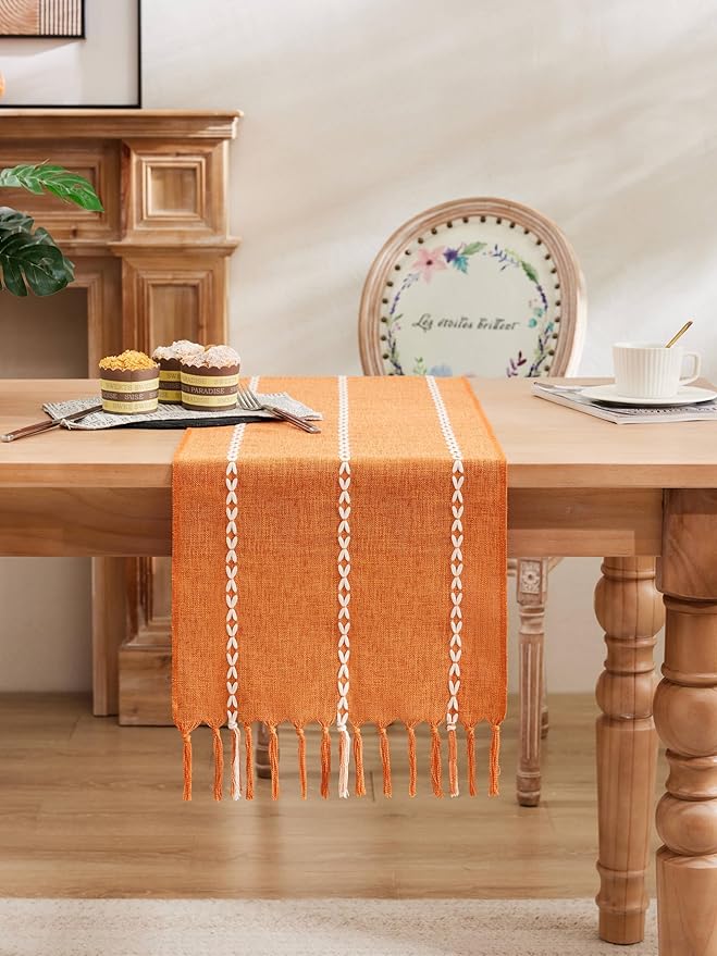 Braided Farmhouse Table Runner,Braided Pumpkin 13x48 Inch, Cotton Linen Table Runners 48 Inches Long, Embroidered Striped Pumpkin Boho Table Runner Rustic Home Decor