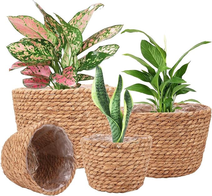 Seagrass Planter Basket Stylish Planter Baskets for Indoor and Outdoor Plants Perfect for Flower Pots Cover and Room Decoration, Set of 4